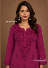 Ira Cotton Chikankari Kurti - Mulberry Pink