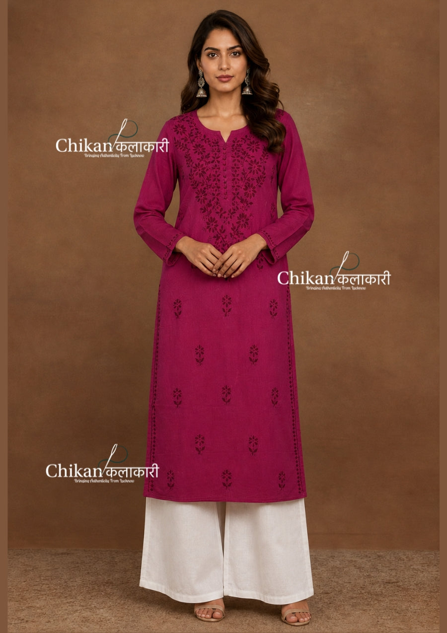 Ira Cotton Chikankari Kurti - Mulberry Pink