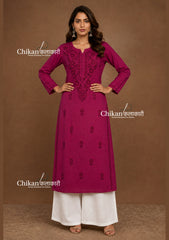 Ira Cotton Chikankari Kurti - Mulberry Pink