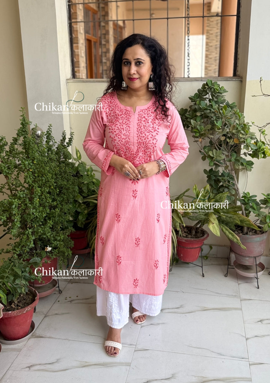 Ira Cotton Chikankari Kurti - Peach
