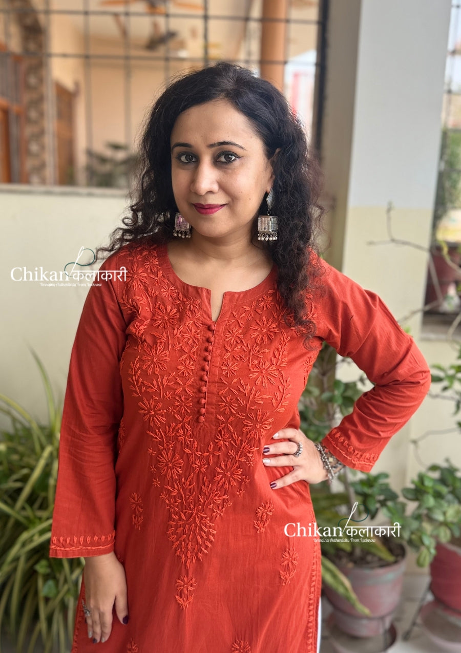 Ira Cotton Chikankari Kurti - Rust