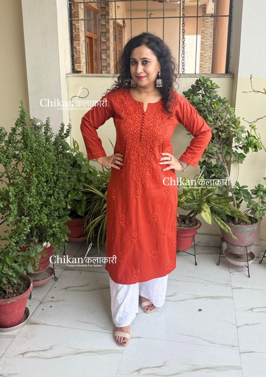 Ira Cotton Chikankari Kurti - Rust