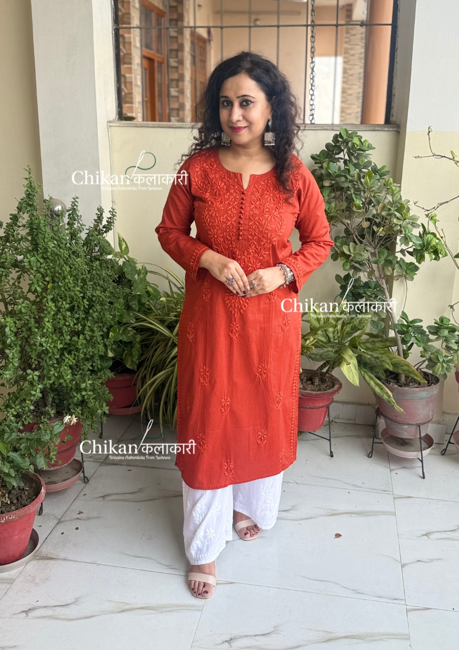 Ira Cotton Chikankari Kurti - Rust
