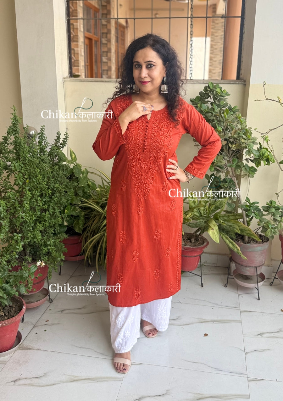 Ira Cotton Chikankari Kurti - Rust