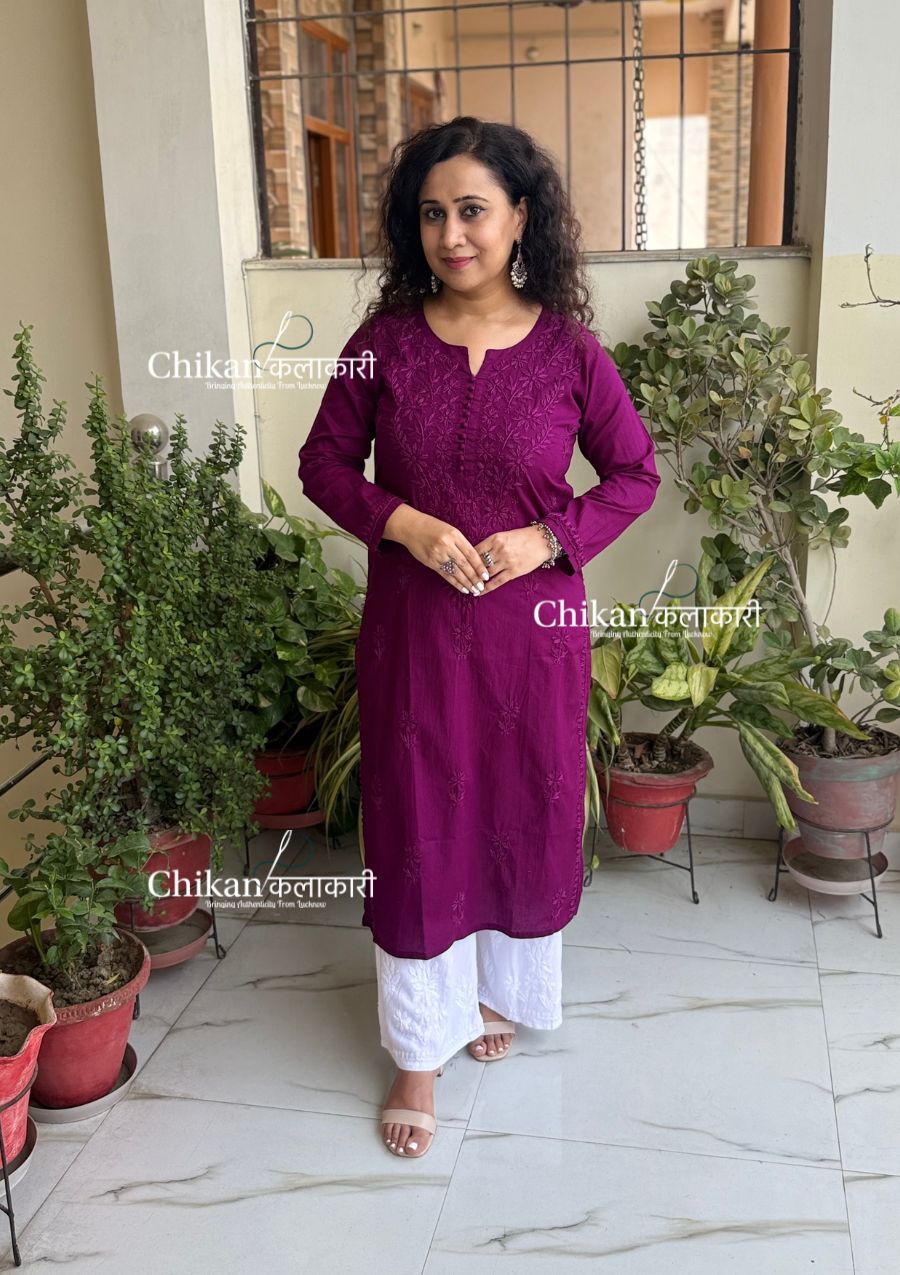 Ira Cotton Chikankari Kurti - Wine