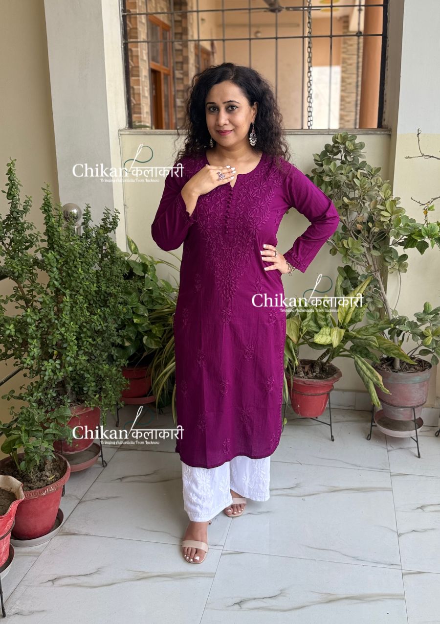 Ira Cotton Chikankari Kurti - Wine