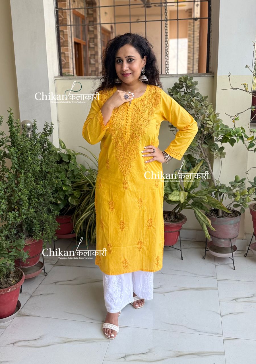 Ira Cotton Chikankari Kurti - Yellow
