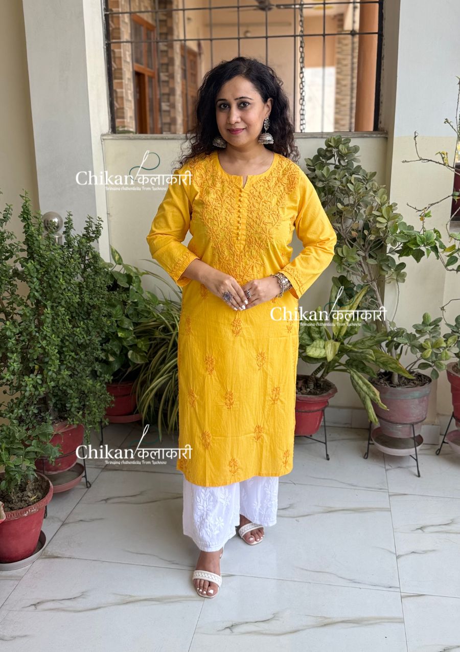 Ira Cotton Chikankari Kurti - Yellow