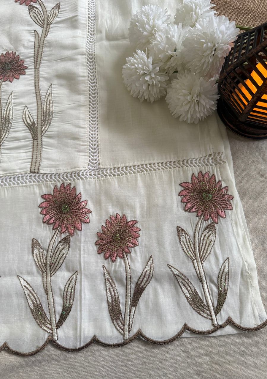 Ivory Cotton Threadwork Straight Kurta With Regular Pant And Dupatta