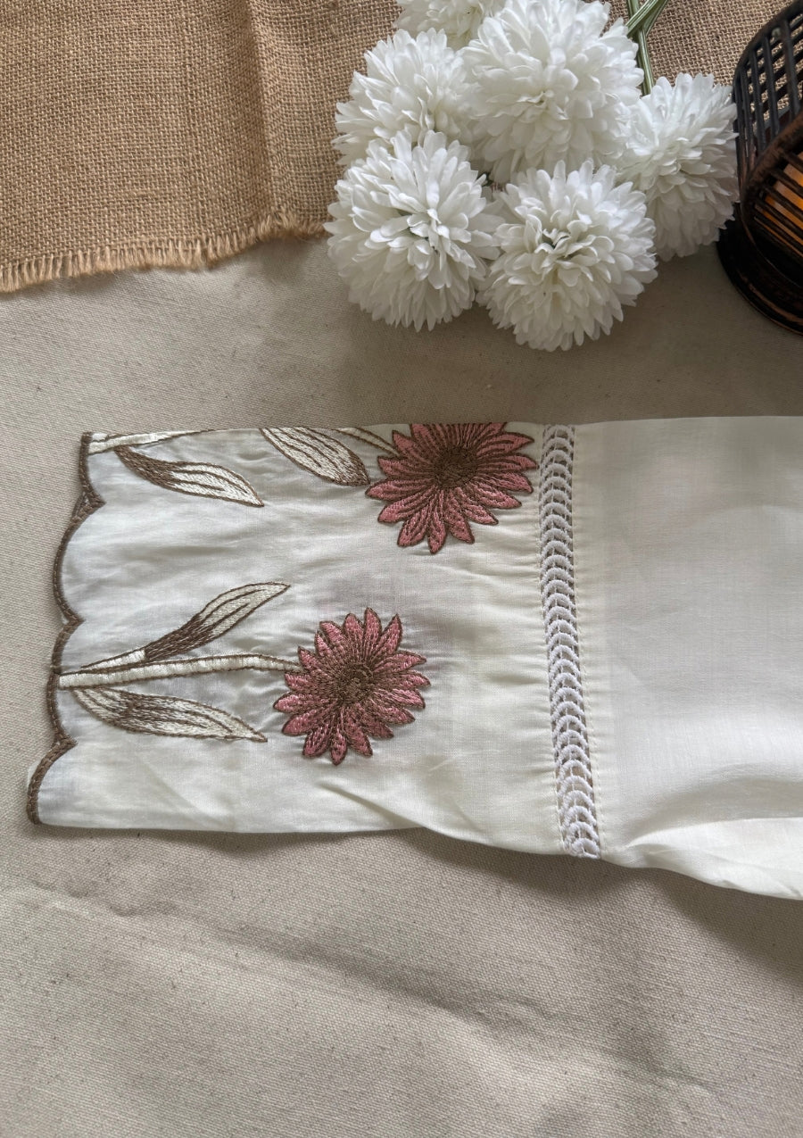 Ivory Cotton Threadwork Straight Kurta With Regular Pant And Dupatta