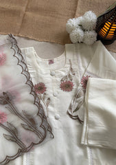 Ivory Cotton Threadwork Straight Kurta With Regular Pant And Dupatta