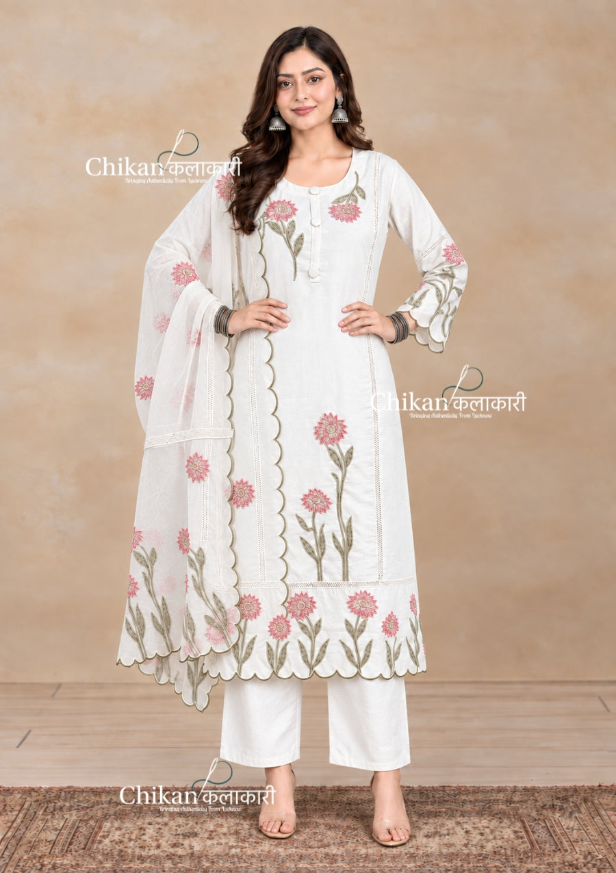 Ivory Cotton Threadwork Straight Kurta With Regular Pant And Dupatta