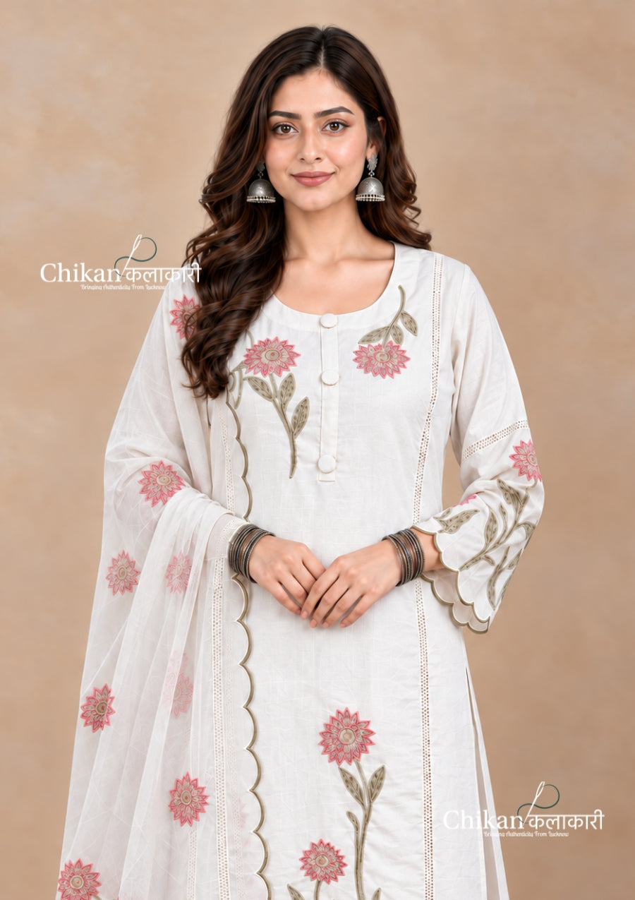 Ivory Cotton Threadwork Straight Kurta With Regular Pant And Dupatta