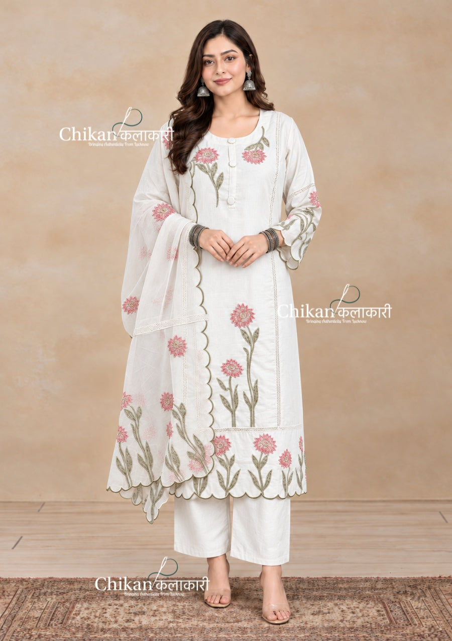 Ivory Cotton Threadwork Straight Kurta With Regular Pant And Dupatta