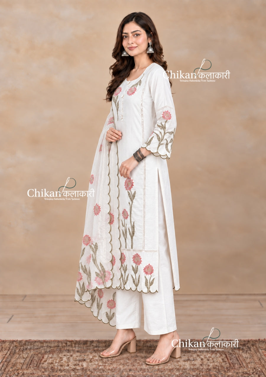 Ivory Cotton Threadwork Straight Kurta With Regular Pant And Dupatta