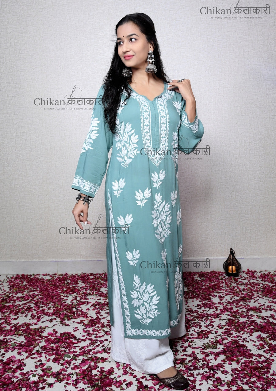 Jasmine Modal Lucknowi Chikankari Kurta | lucknowi chikan kurta | lakhnavi kurti | chicken curry kurti | house of chikankari