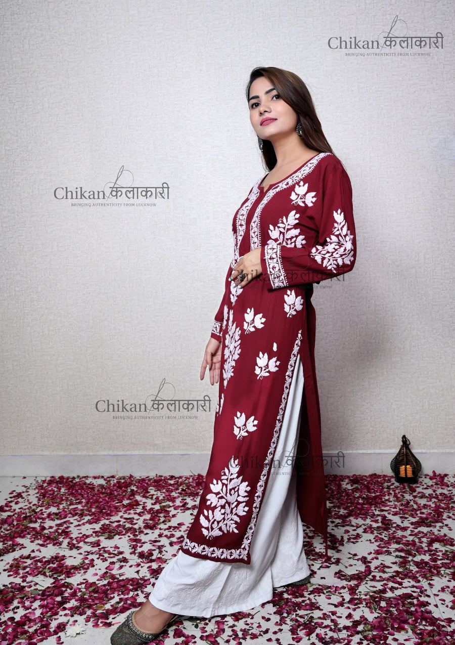 Jasmine Modal Lucknowi Chikankari Kurta | lucknow chikan kurti | lakhnavi kurti | chicken curry kurti | house of chikankari