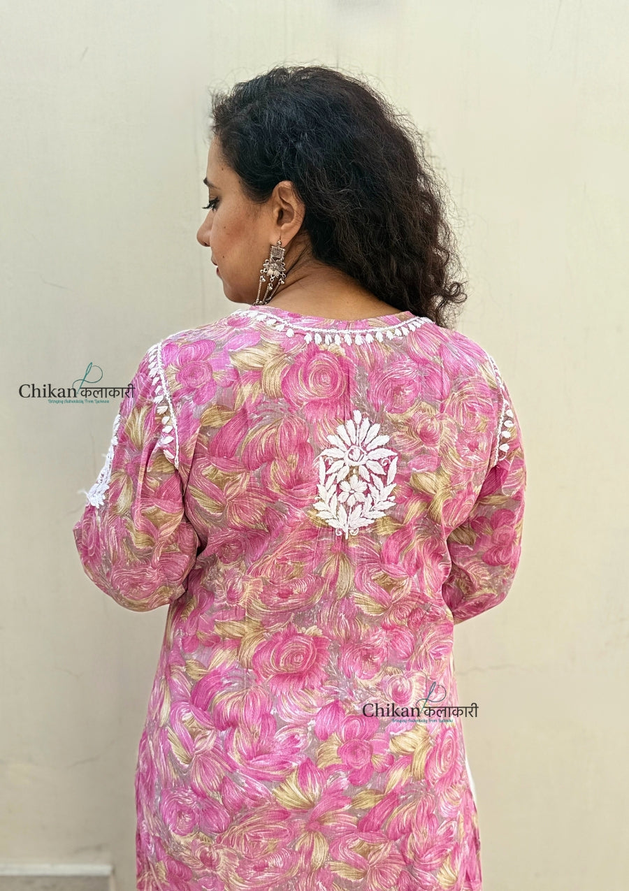 Kanak Mulmul Chikankari kurti - Pink