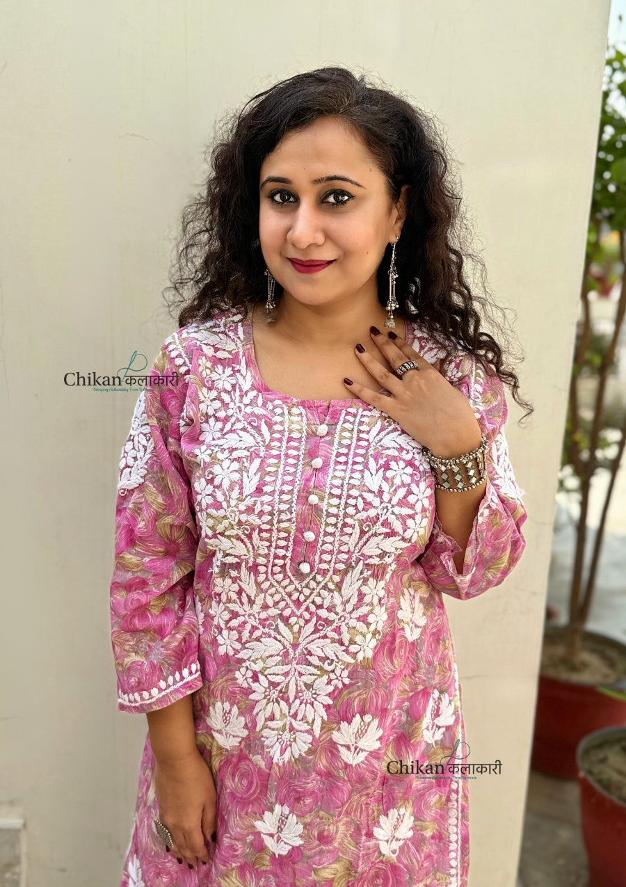 Kanak Mulmul Chikankari kurti - Pink