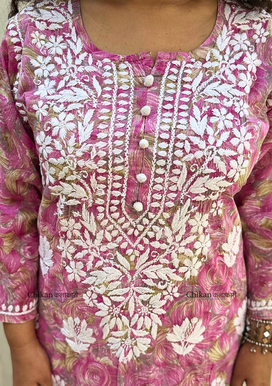 Kanak Mulmul Chikankari kurti - Pink