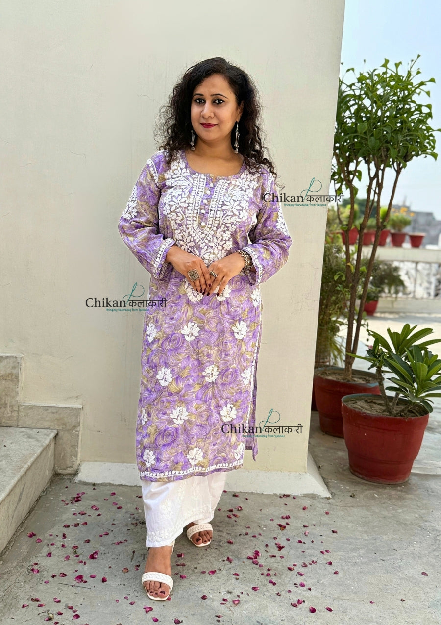 Kanak Mulmul Chikankari kurti - Purple
