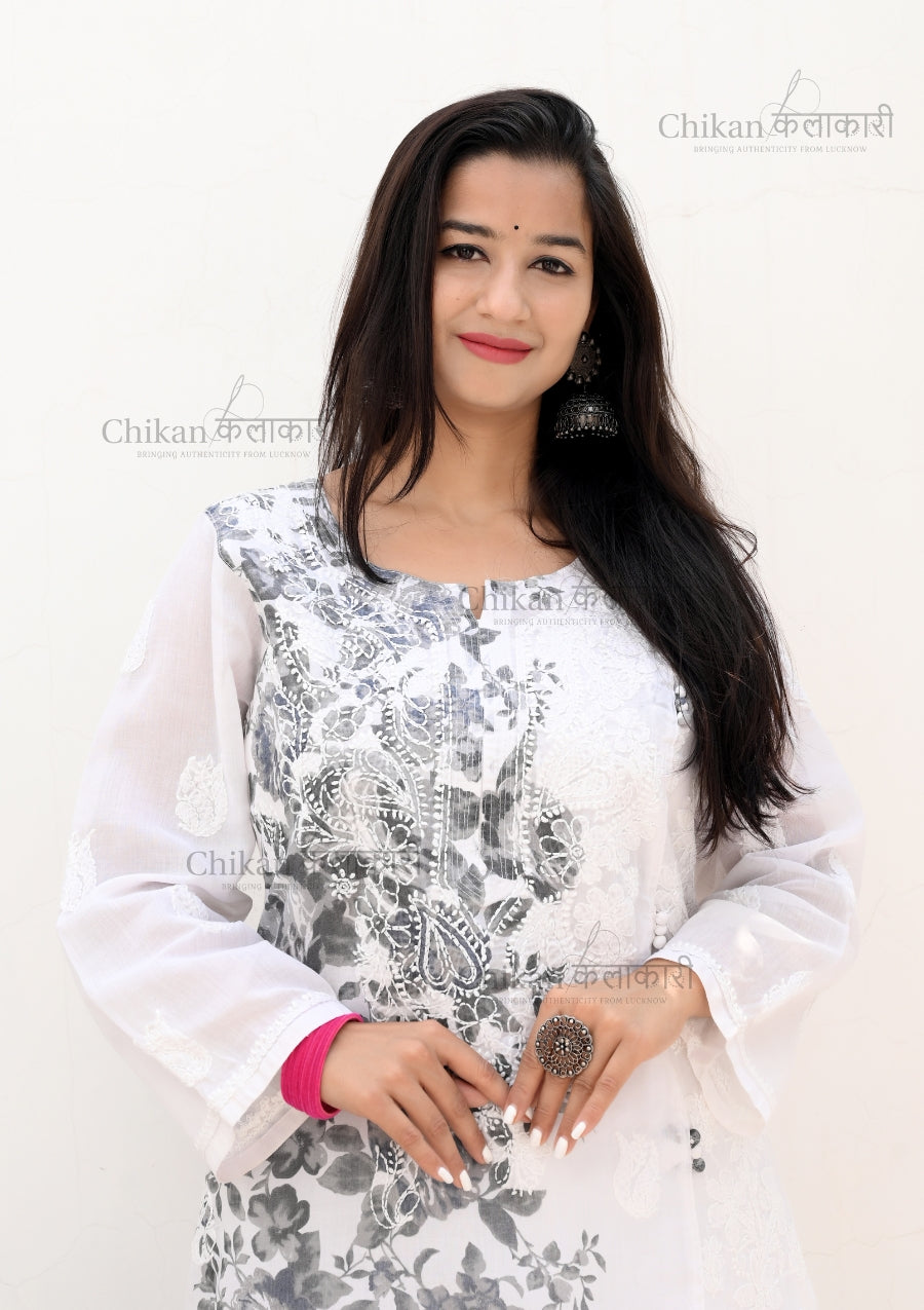 Karina Printed Cotton Chikan Kurta | lucknow chikan kurti | lakhnavi kurti | chicken curry kurti | white chikan kurti