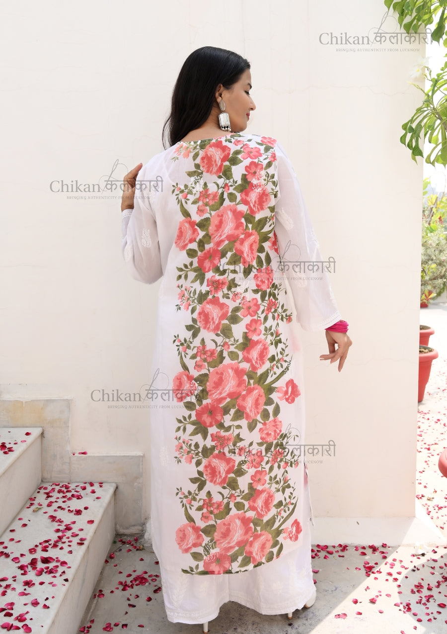 Karina Printed Cotton Chikan Kurta | lucknowi chikankari kurti | lakhnavi kurti | chicken curry kurti | house of chikankari