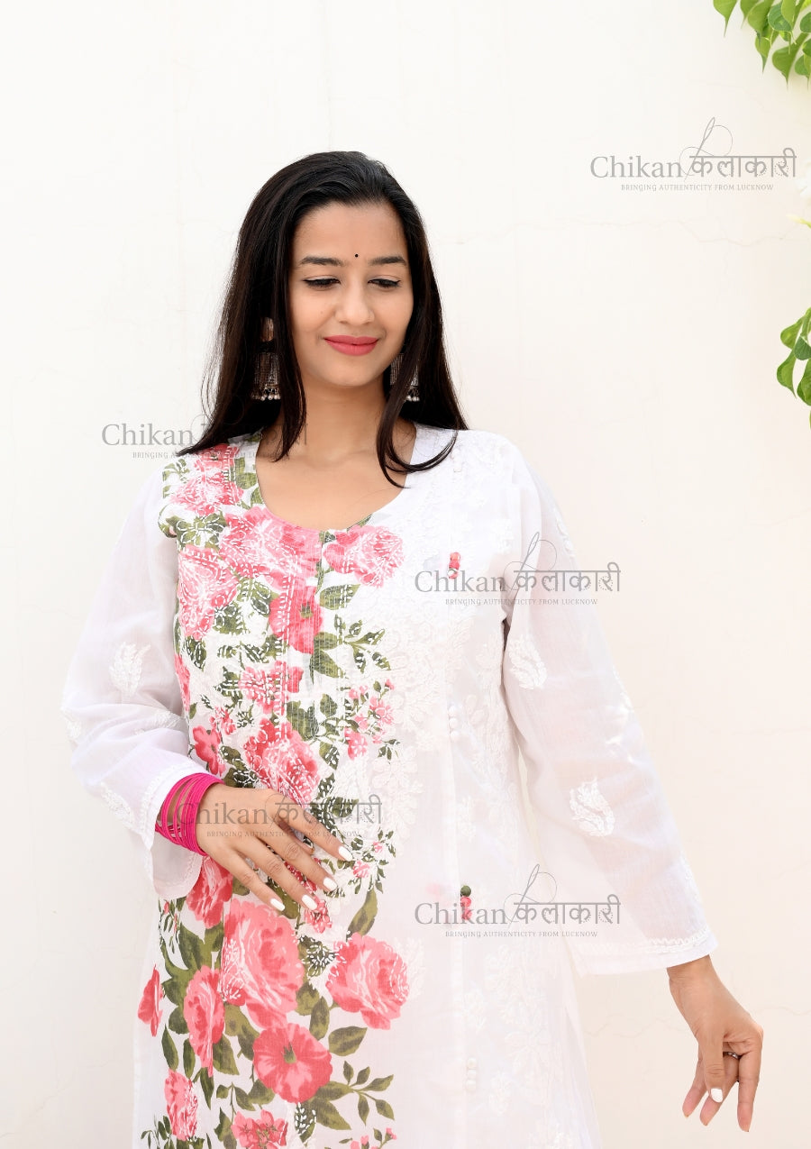 Karina Printed Cotton Chikan Kurti | lucknowi chikankari kurti | lakhnavi kurta | chicken curry kurta | house of chikankari