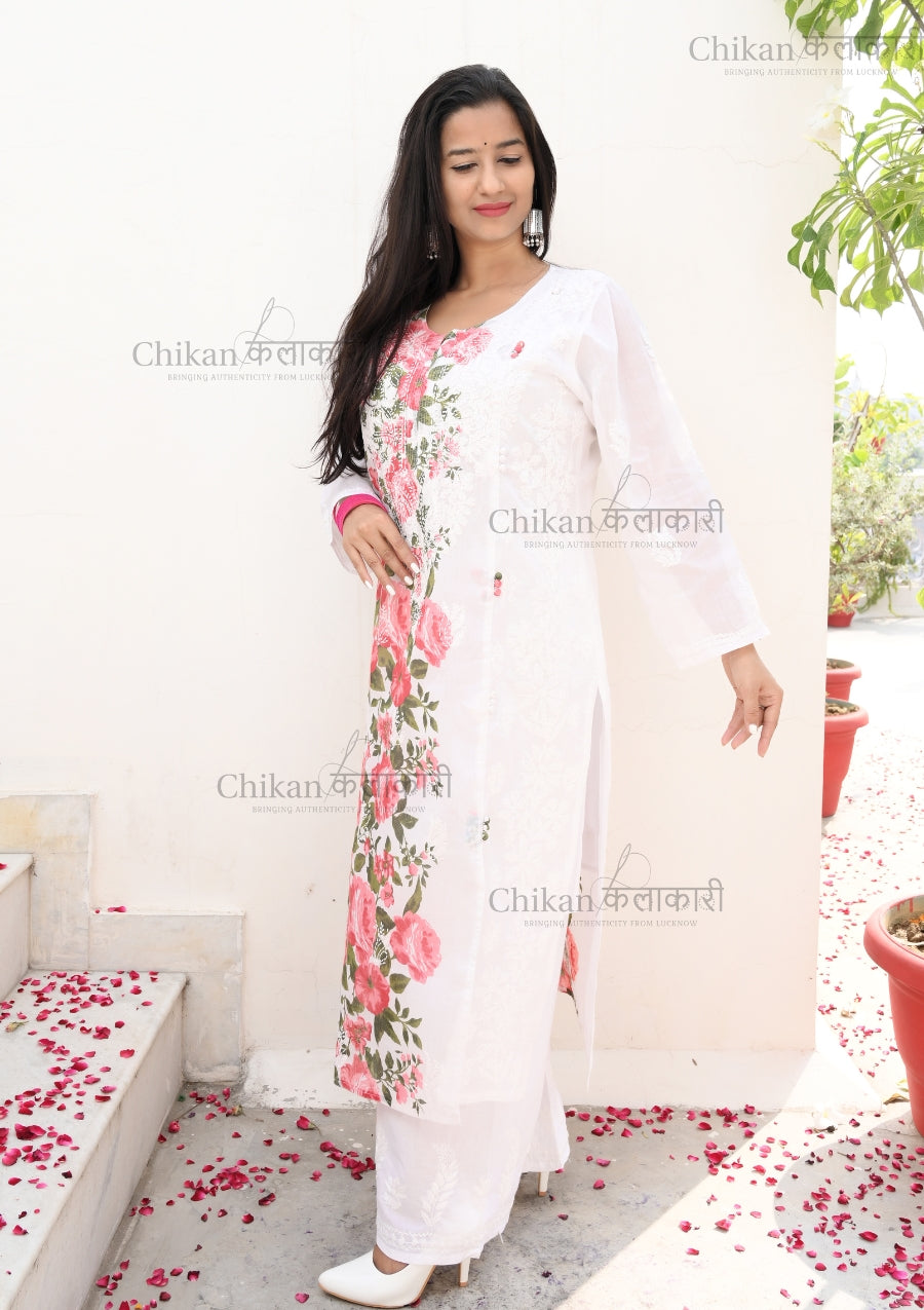 Karina Printed Cotton Chikankari Kurta | lucknow chikan kurti | lakhnavi kurta | chicken curry kurti | house of chikankari