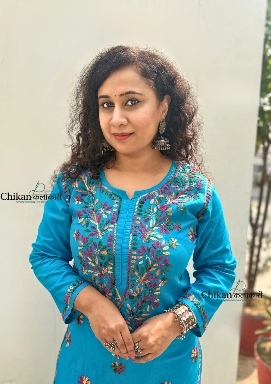 Kaynaat Cotton Multi Chikankari Kurti - Turquoise Blue