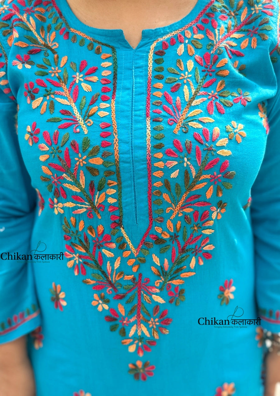 Kaynaat Cotton Multi Chikankari Kurti - Turquoise Blue