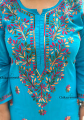 Kaynaat Cotton Multi Chikankari Kurti - Turquoise Blue