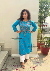 Kaynaat Cotton Multi Chikankari Kurti - Turquoise Blue
