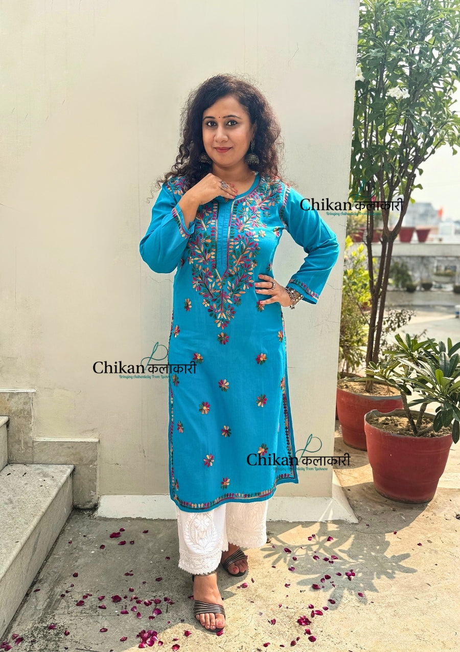 Kaynaat Cotton Multi Chikankari Kurti - Turquoise Blue