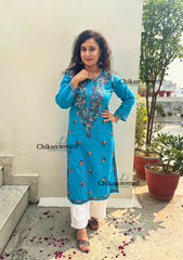 Kaynaat Cotton Multi Chikankari Kurti - Turquoise Blue
