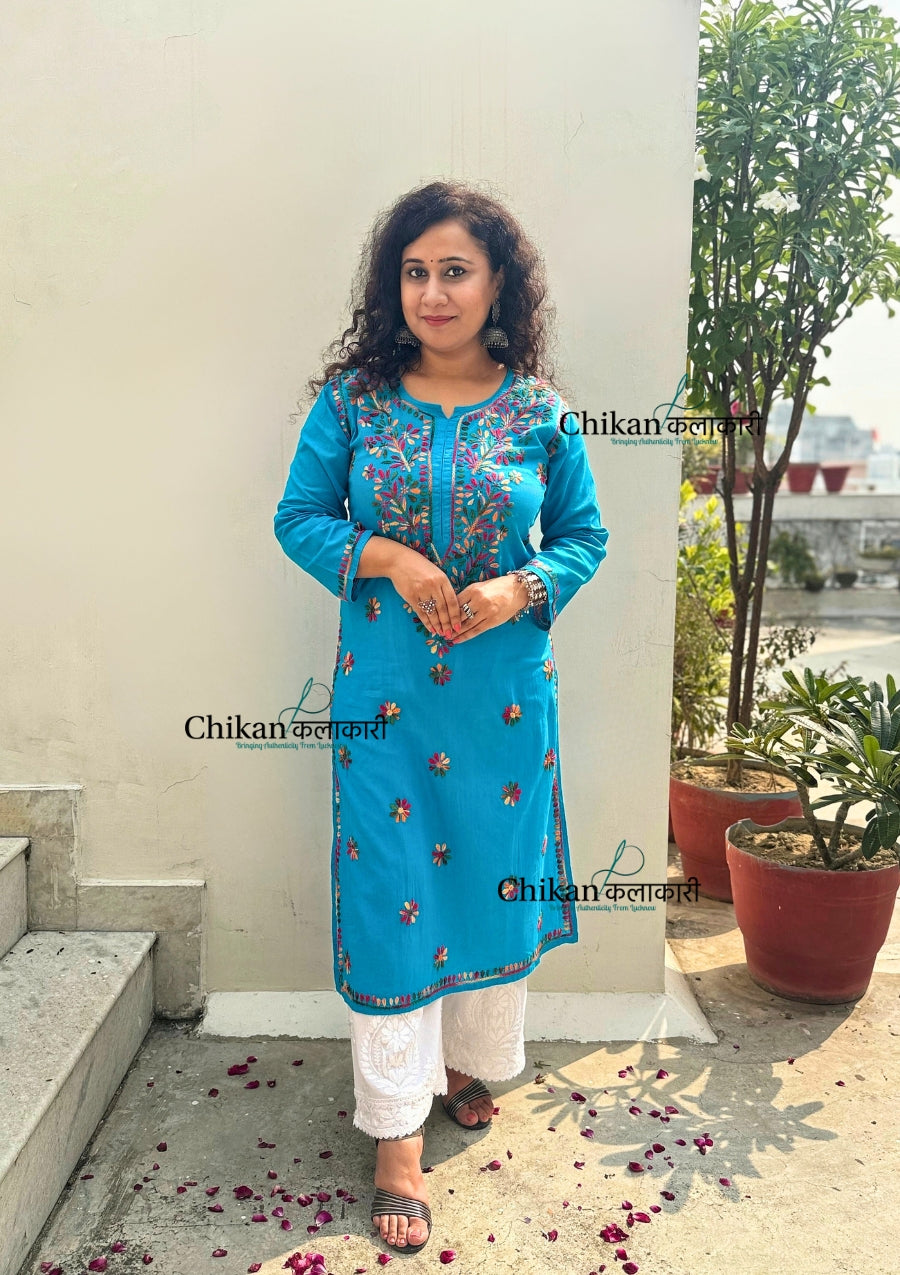 Kaynaat Cotton Multi Chikankari Kurti - Turquoise Blue