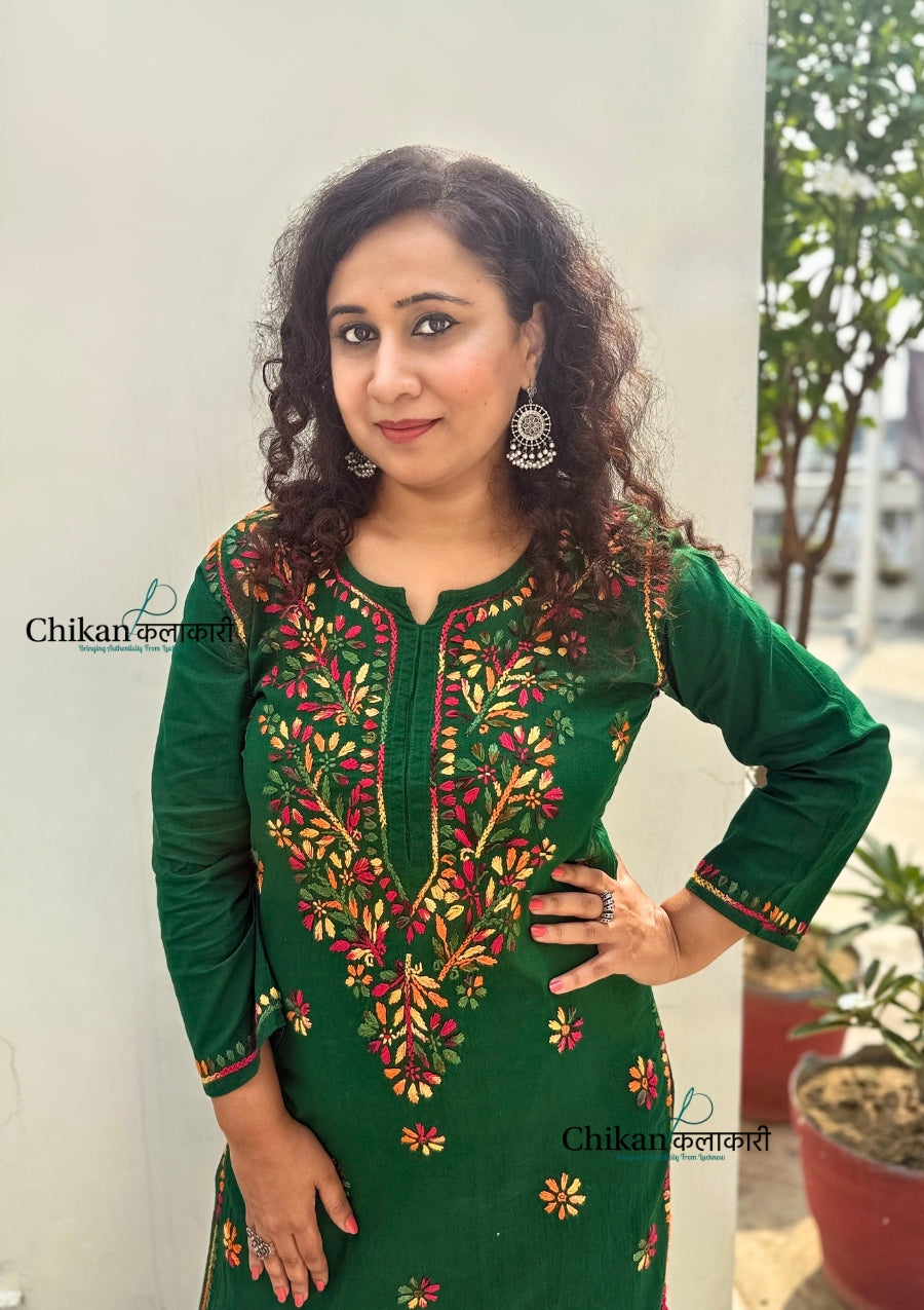Kaynaat Cotton Multi Chikankari Kurti - Green