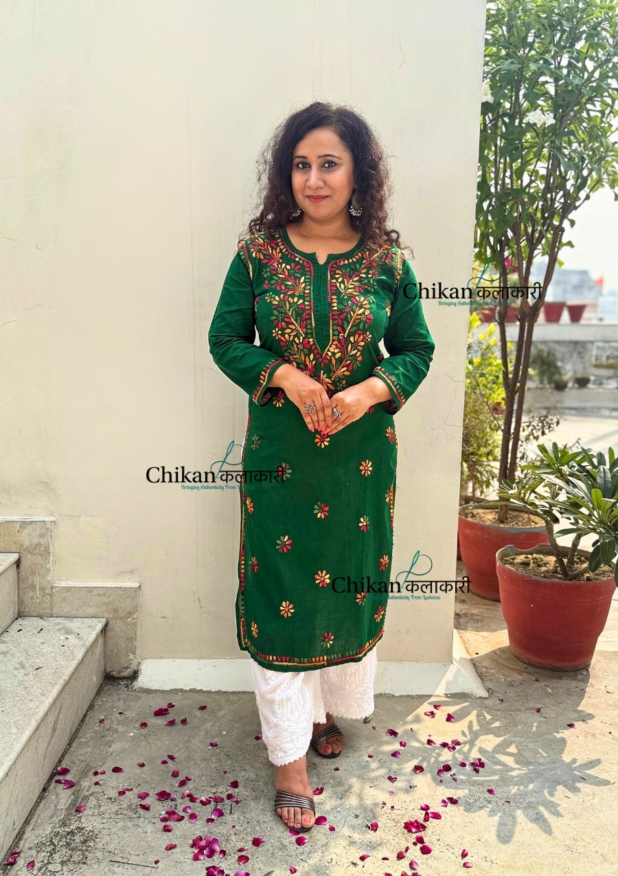 Kaynaat Cotton Multi Chikankari Kurti - Green