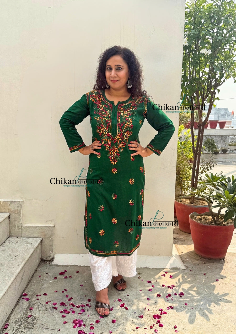 Kaynaat Cotton Multi Chikankari Kurti - Green