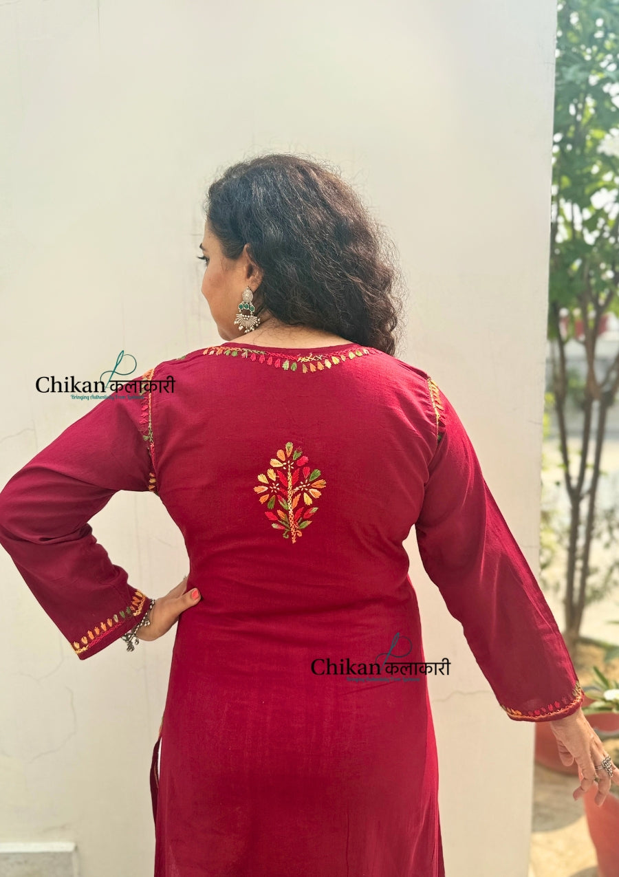 Kaynaat Cotton Multi Chikankari Kurti - Maroon