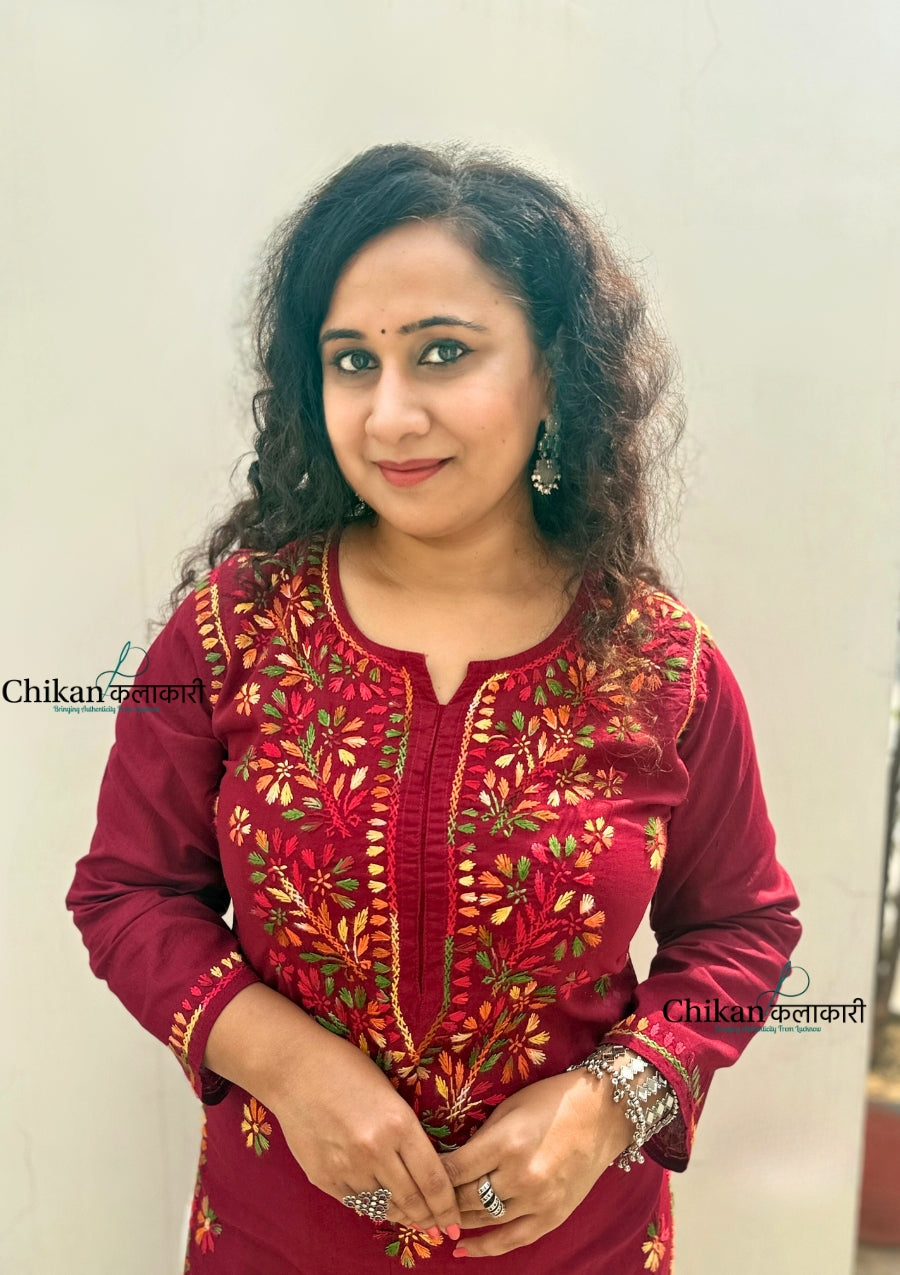 Kaynaat Cotton Multi Chikankari Kurti - Maroon