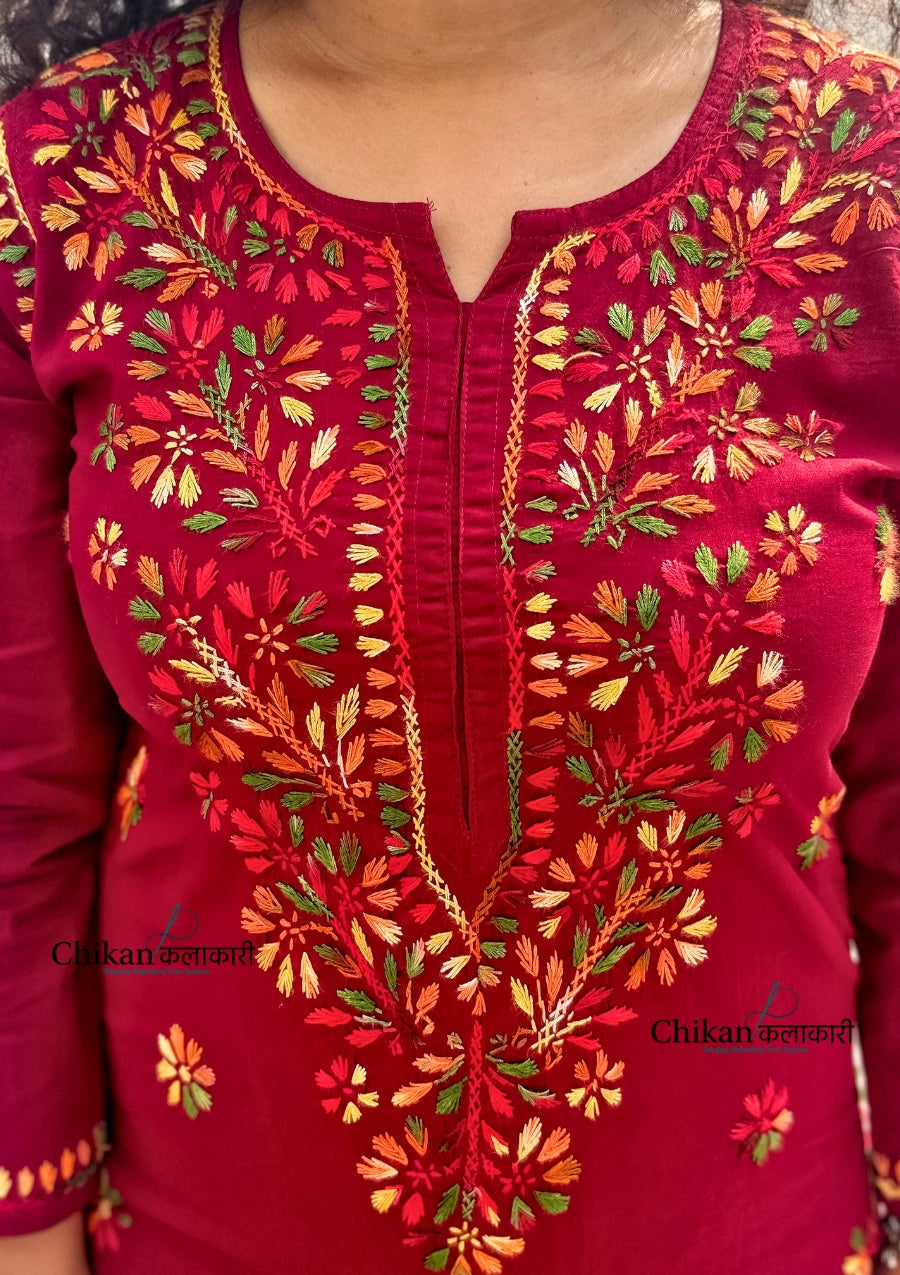 Kaynaat Cotton Multi Chikankari Kurti - Maroon