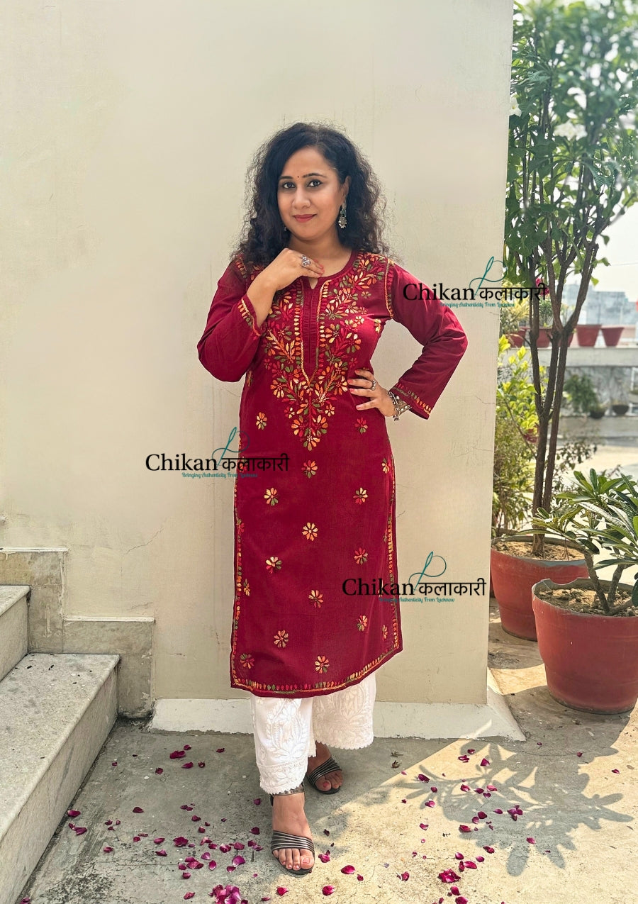 Kaynaat Cotton Multi Chikankari Kurti - Maroon