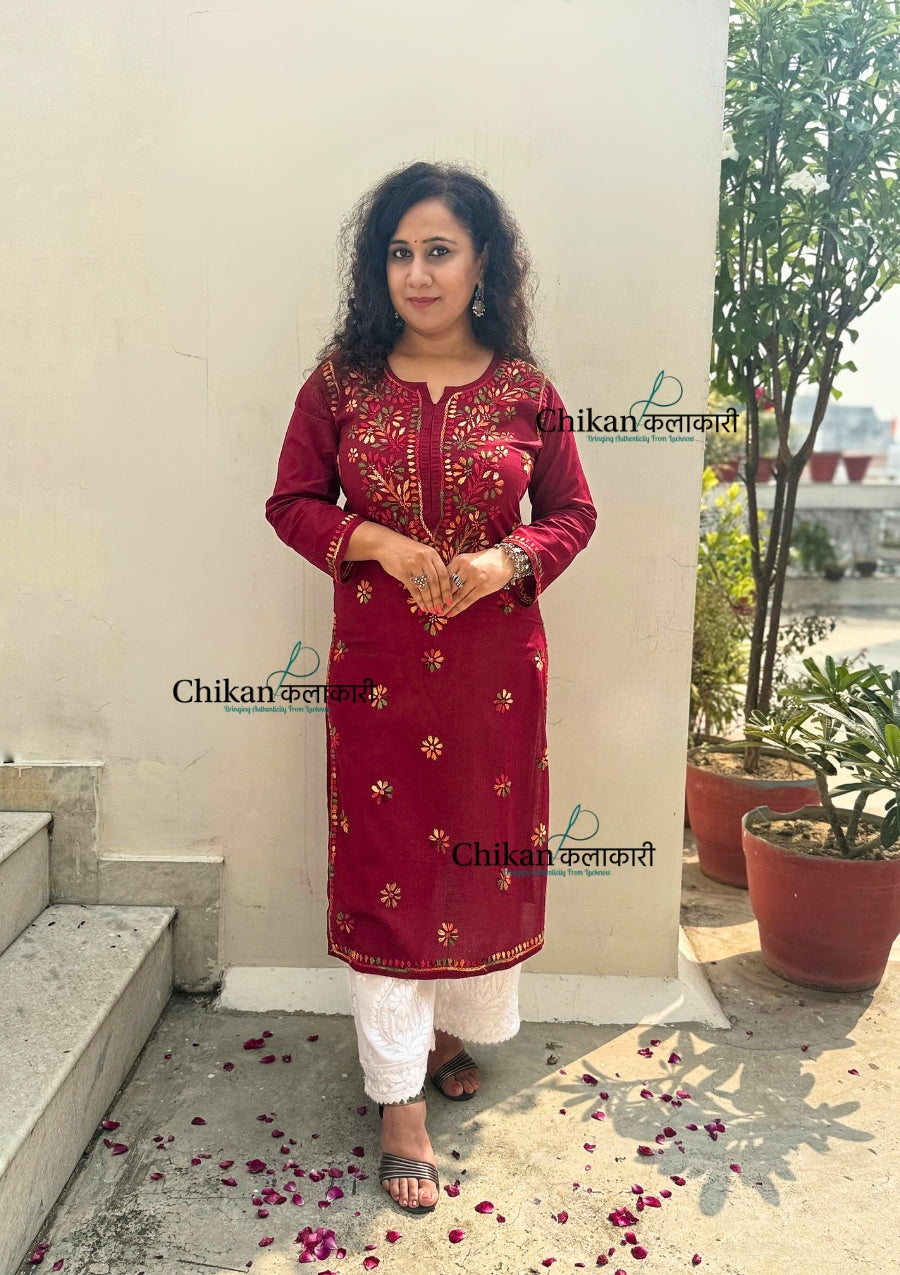Kaynaat Cotton Multi Chikankari Kurti - Maroon