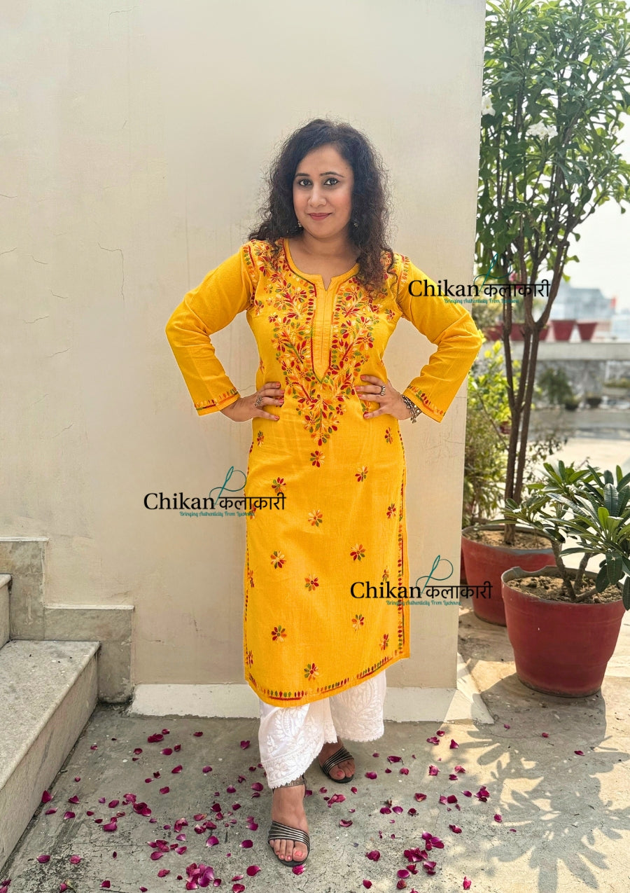 Kaynaat Cotton Multi Chikankari Kurti - Yellow