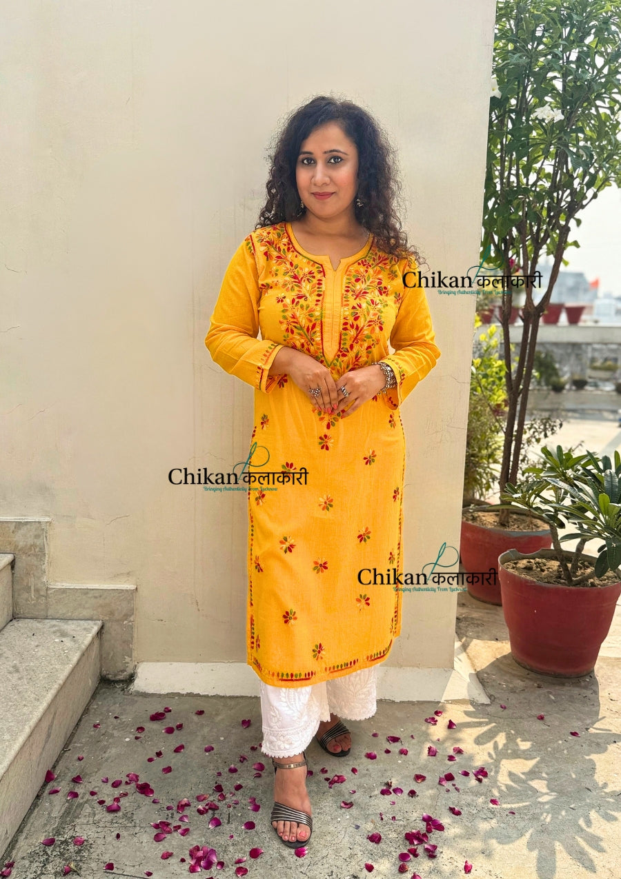 Kaynaat Cotton Multi Chikankari Kurti - Yellow