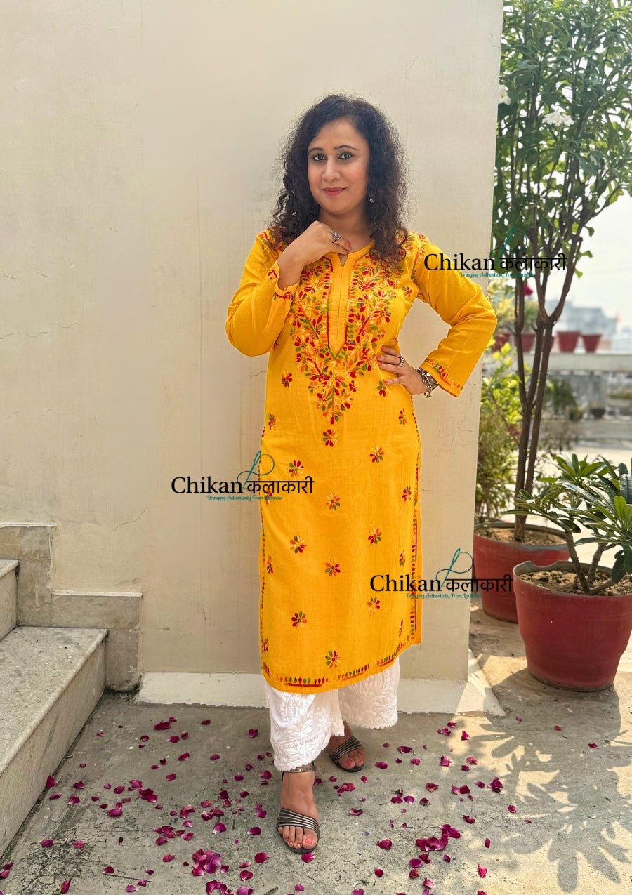 Kaynaat Cotton Multi Chikankari Kurti - Yellow