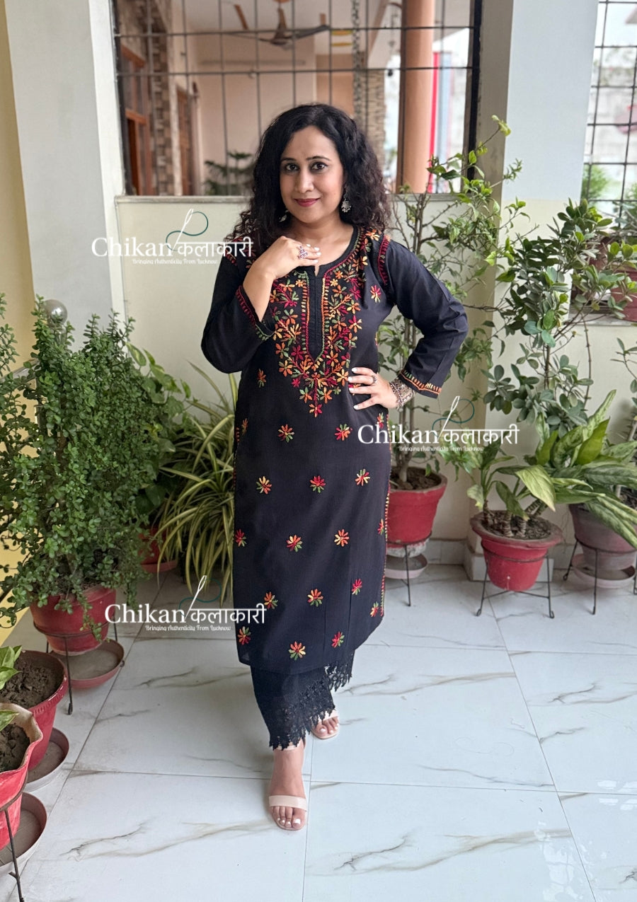 Kaynaat Cotton Multi Chikankari Kurti - Black