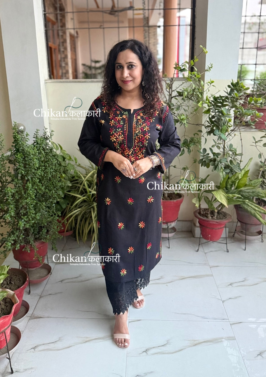 Kaynaat Cotton Multi Chikankari Kurti - Black