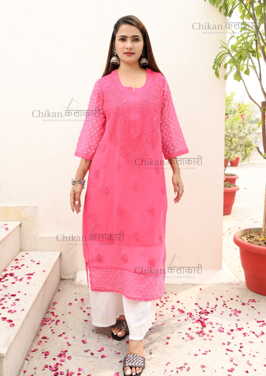 Layla Georgette Chikankari Kurti | lucknowi chikankari kurta | lakhnavi kurti | chicken curry kurti | house of chikankari